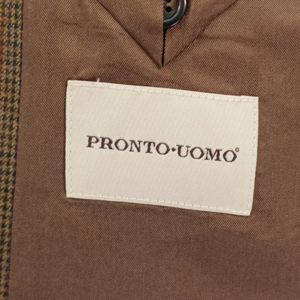 Pronto Uomo Wool Brown Tan Houndstooth W/ Red Orange‎ Winowpane 44R Sport Coat